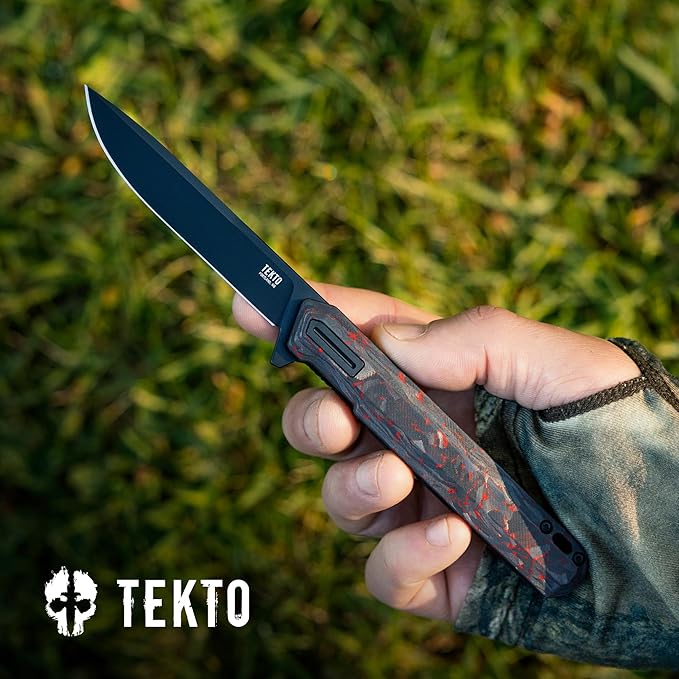 TEKTO F2 Bravo Folding Pocket Knife - D2 Steel Blade Ceramic Ball Bearings - EDC - Snap Swift Flip for Camping Backpacking - 2.4oz (68g) Forged Ember Handle Black Titanium Accents