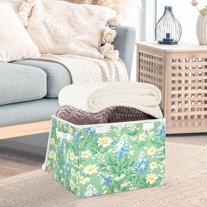 Mint Green Bluebonnet and Daisy Flowers Collapsible Storage Bins with Lids Decorative Fabric Cubes Closet Organizer Basket Boxes Containers for Clothes Box Chest