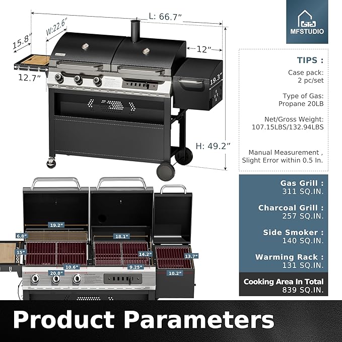 MFSTUDIO Gas and Charcoal Grill Combo with Side Smoker Heavy Duty Dual Fuel BBQ Grill with Porcelain-Enamel Grates Perfect for Outdoor Grilling 840 SQIN Cooking Area