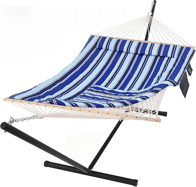 SUNCREAT Double Hammock with Stand Two Person Cotton Rope Hammock Blue Stripe