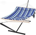 SUNCREAT Double Hammock with Stand Two Person Cotton Rope Hammock Blue Stripe