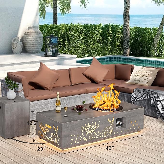 SUNPEAK 48 Round Burner Propane Fire Pit Table with LED Light – 50000 BTU Fire Pit Table with Lid Rocks Cover and Tank Storage - Modern Outdoor Large Fire Table (Grey/Deer Cutout 48 LED)