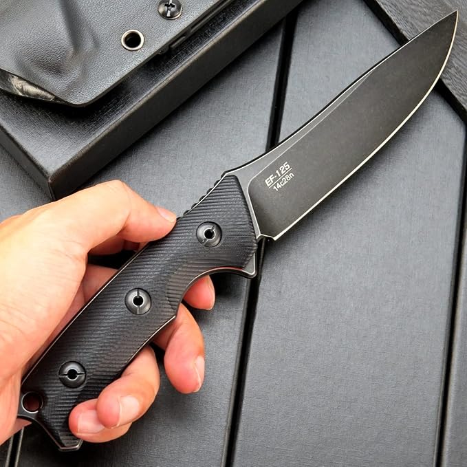 Eafengrow EF125 Fixed Blade Knife 14c28n Steel Blade Coated Black Titanium G10 Handle Scales Fixed Knifes for Outdoor Camping Hunting Survival EDC Tool Knives with Kydex Sheath(Black)