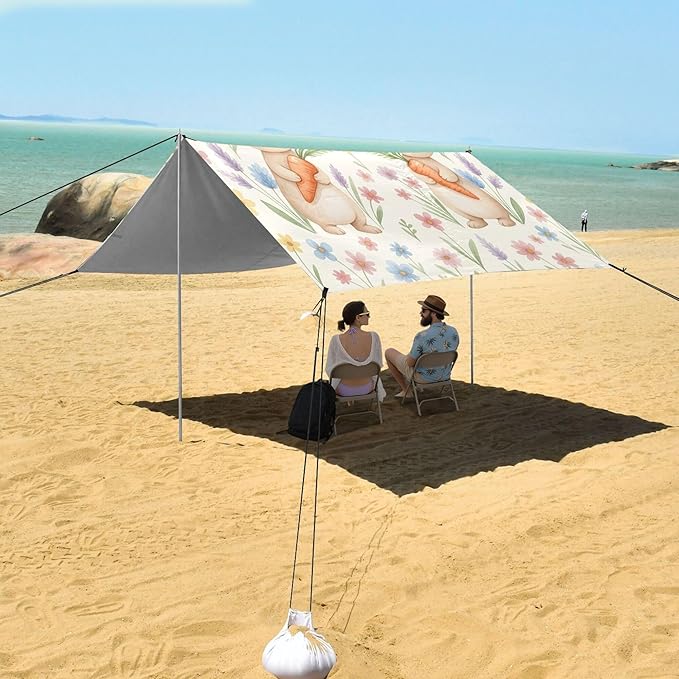 Bunny Beach Canopy Sun Shelter with Sandbags &amp Sand Shovel &amp Windproof Ropes - Portable 110x126 Beach Shade Beach Tent for Camping Picnics