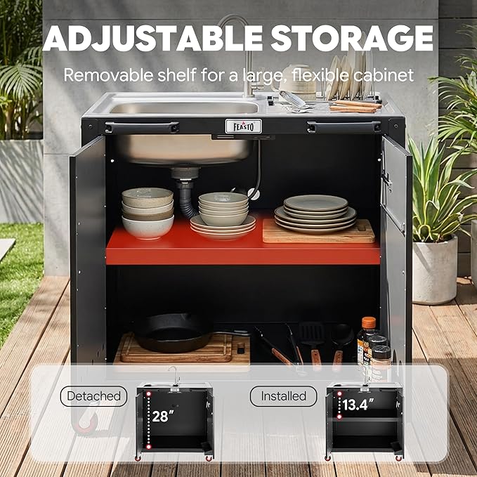 Feasto Outdoor Kitchen Island with Stainless Steel Sink and Storage Cabinet 35-Inch BBQ Prep Station with Faucet &amp Lockable Wheels for Patio Backyard and Outdoor Cooking Black &amp Silver