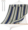 SUNCREAT Hammocks Outdoor Double Hammock with Hardwood Spreader Bar Cotton Rope Hammock with Polyester Pad Blue&ampAqua