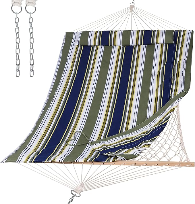 SUNCREAT Hammocks Outdoor Double Hammock with Hardwood Spreader Bar Cotton Rope Hammock with Polyester Pad Blue&ampAqua