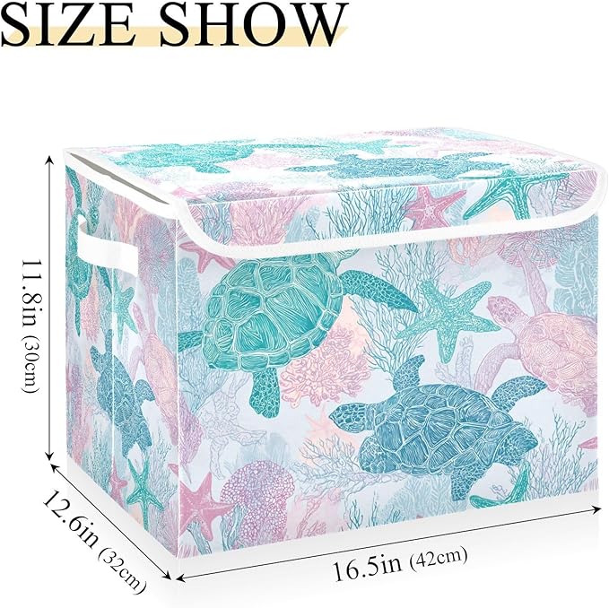 Collapsible Storage Bins with Lids Decorative Fabric Storage Cubes Closet Organizer and Storage Basket Boxes Containers for Clothes Box Chest Folding Rectangle Simple Turtles Starfish