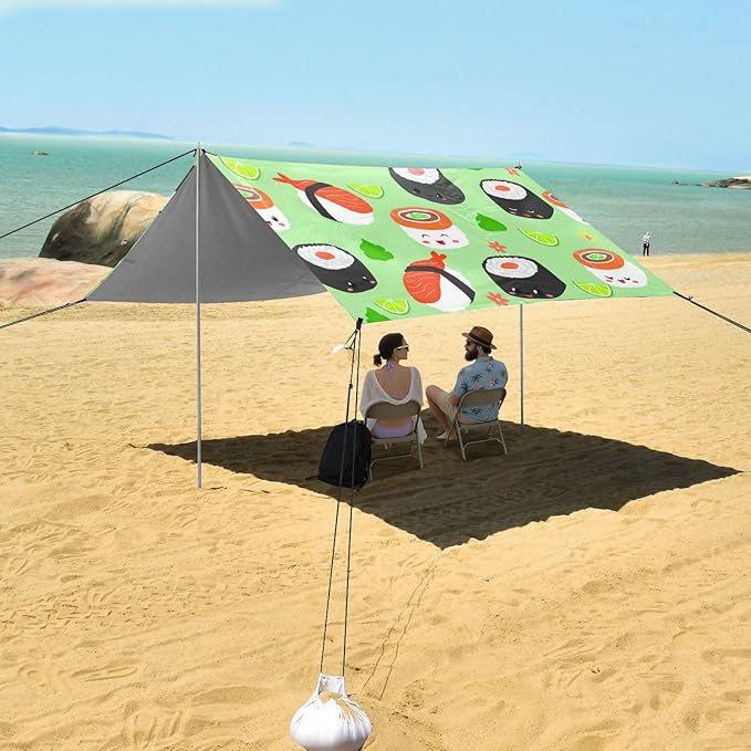 xigua Sushi Beach Tent Sun Shelter with Carrying Bag - Silver Coated Oxford Fabric Beach Canopy for Beach Camping Fishing - Includes Windproof Ropes Sandbags &amp Stakes