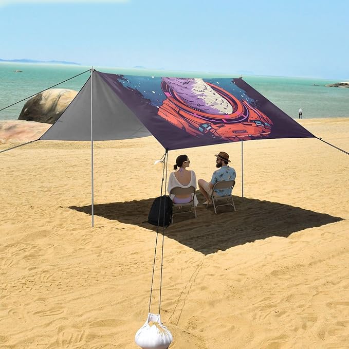 ALAZA Llama Space Polka Dots Beach Tent Sun Shelter UPF50+ Protection Beach Shade Canopy w/ 4 Sandbags for Outdoor Camping Fishing Backyard Fun Picnic 10x9 ft