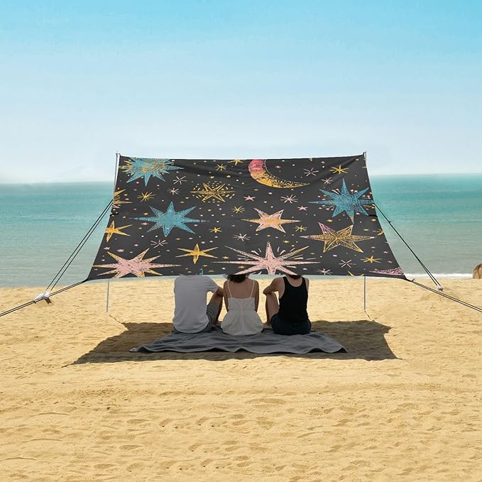 ALAZA Star Boho Astrology Mystical Bohemian Symbols of The Crescent Stars Beach Tent Sun Shelter Portable Canopy Sunshade for Outdoor Camping Picnics Backyard Fun 10x9 ft