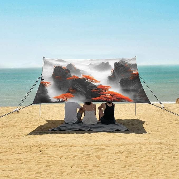 Mountain Beach Canopy Sun Shelter with Sandbags &amp Sand Shovel &amp Windproof Ropes - Portable 110x126 Beach Shade Beach Tent for Camping Picnics