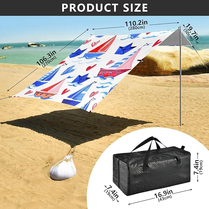 xigua Sailboats Beach Tent Sun Shelter with Carrying Bag - Silver Coated Oxford Fabric Beach Canopy for Beach Camping Fishing - Includes Windproof Ropes Sandbags &amp Stakes