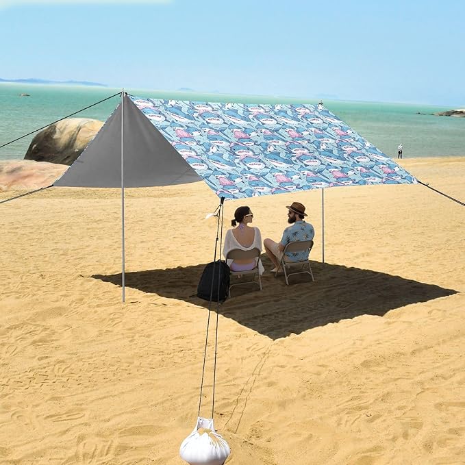 ALAZA Shark with Cap Beach Tent Sun Shelter UPF50+ Protection Beach Shade Canopy w/ 4 Sandbags for Outdoor Camping Fishing Backyard Fun Picnic 10x9 ft