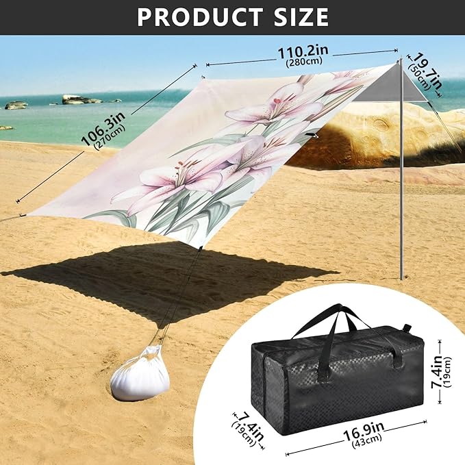 ALAZA Elegant Hand Painted Lilies Beach Tent Sun Shelter Portable Canopy Sunshade for Outdoor Camping Picnics Backyard Fun 10x9 ft