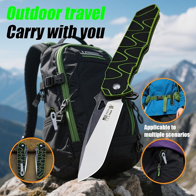 WPKOPYA 8.4in Folding Knife AUS-8 Steel Blade G10 Handle with Anti-Slip Texture Ball Bearing Pivot Stonewashed Finish EDC Pocket Knife for Camping Hiking Survival (AUS-8 (G10 black/green))