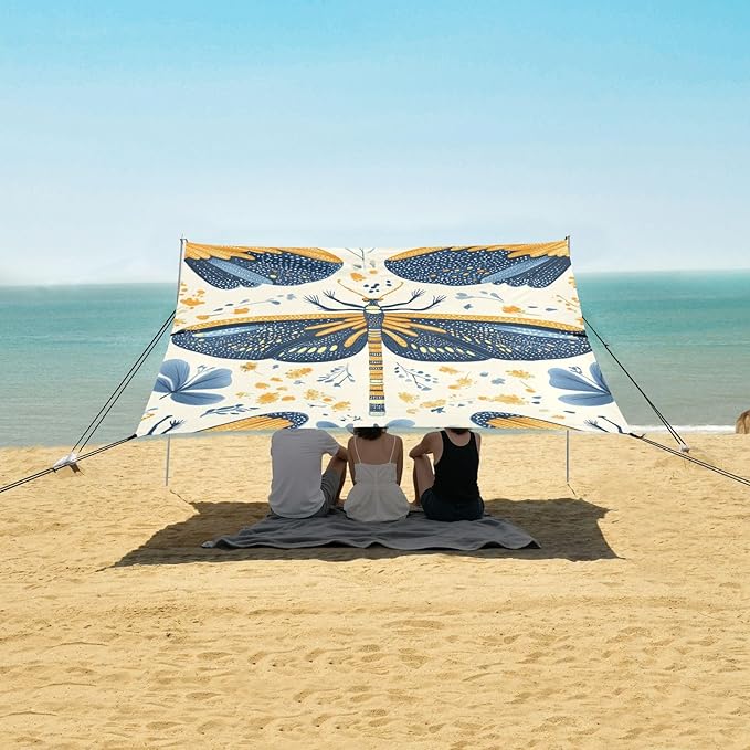 ALAZA Vintage Blue Orange Yellow Dragonflies Beach Tent Sun Shelter Portable Canopy Sunshade for Outdoor Camping Picnics Backyard Fun 10x9 ft