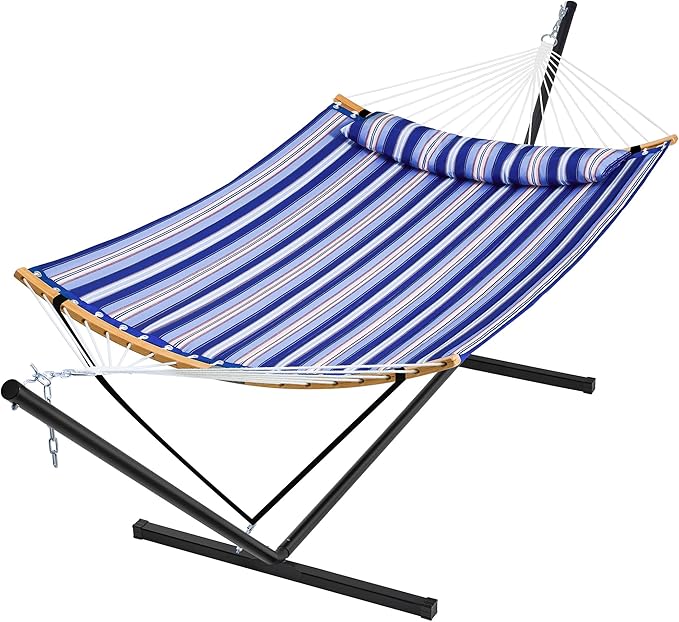 SUPERJARE Hammock with Stand 2 Person Heavy Duty Hammock with Padded Cotton Detachable Pillow &amp Strong Curved-Bar &amp Portable Carrying Bag Perfect for Outdoor &amp Indoor Navy Blue Stripe