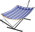 SUPERJARE Hammock with Stand 2 Person Heavy Duty Hammock with Padded Cotton Detachable Pillow &amp Strong Curved-Bar &amp Portable Carrying Bag Perfect for Outdoor &amp Indoor Navy Blue Stripe