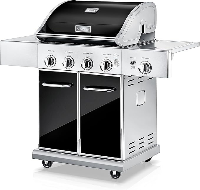 NutriChef Heavy-Duty 5-Burner Propane Gas Grill - Stainless Steel 52000 BTU 4 Main Burners + Side Electronic Ignition Built-in Thermometer - NCGRIL2.5