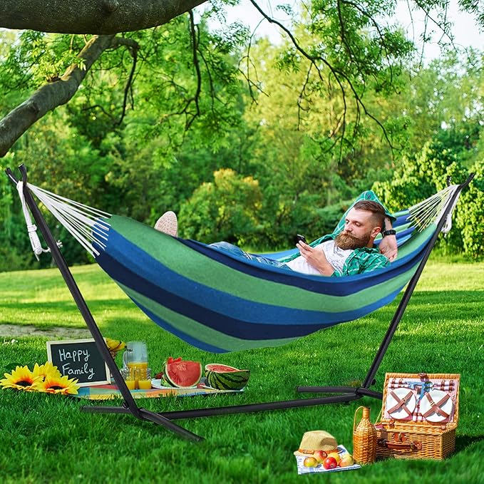 550lbs Capacity Double Hammock Adjustable Hammock Bed with 10ft Heavy Duty Steel Stand Includes Portable Carrying Case Easy Set up Blue/Green a