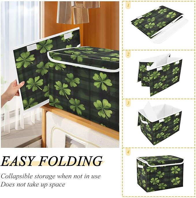Doodle St. Patrick's Day Shamrock Pattern Foldable Storage Baskets Fabric Boxes with Handle Organizers with Flip-Top Lids Storage Bins for Home Bedroom Office