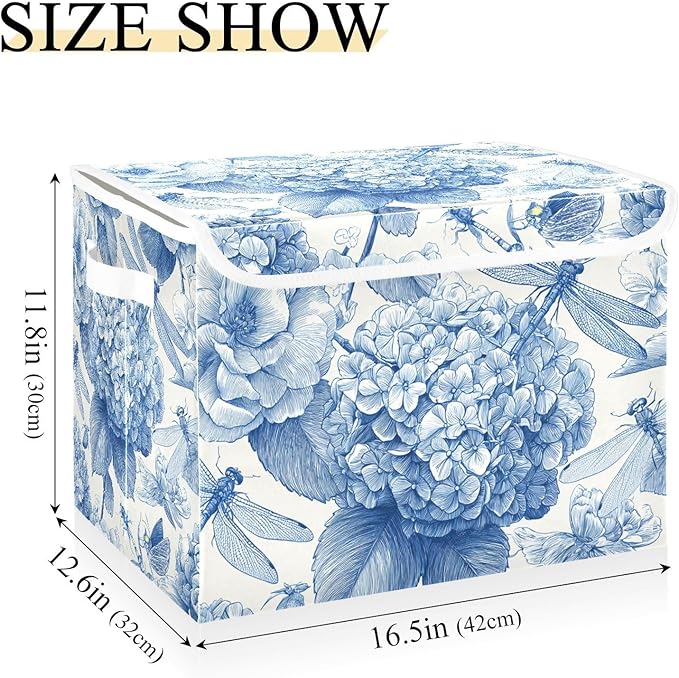 Collapsible Storage Bins with Lids Decorative Fabric Storage Cubes Closet Organizer and Storage Basket Boxes Containers for Clothes Box Chest Folding Rectangle Blue Hydrangeas Butterf