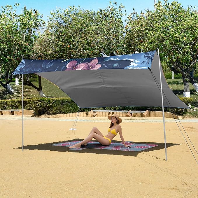 ALAZA Hawaiian Palm Flower Beach Tent Sun Shelter UPF50+ Protection Beach Shade Canopy w/ 4 Sandbags for Outdoor Camping Fishing Backyard Fun Picnic 10x9 ft