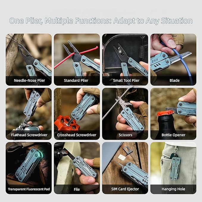 Multi Tool 10-in-1 Full-Size Lightweight EDC Multi-Purpose Pliers Screwdriver Knife Tactical Gear Mini Tools Boyfriend Gifts Equipment for Emergencies Hiking and Outdoor Camping (Blue)
