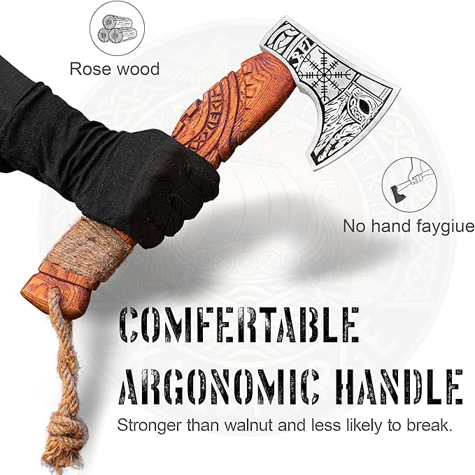 Hand Forged Viking Bearded Axe with Leather Sheath – Carbon Steel Blade Rosewood Handle – 13 Inch Nordic Axe Handmade Collectible for Him