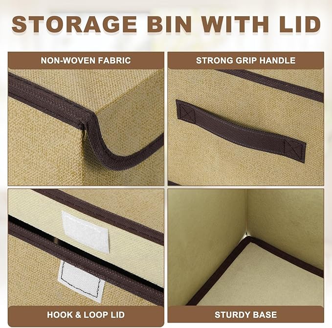 uxcell 2Pcs Storage Bin with Lid Fabric Foldable Box Decorative Storage Boxes with Lids for Keepsake Shelf Closet Nursery Home Bedroom(Beige Yellow S &amp L Size)