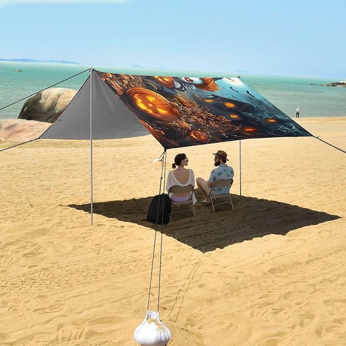 ALAZA Halloween Clown Pumpkin Beach Tent Sun Shelter UPF50+ Protection Beach Shade Canopy w/ 4 Sandbags for Outdoor Camping Fishing Backyard Fun Picnic 10x9 ft