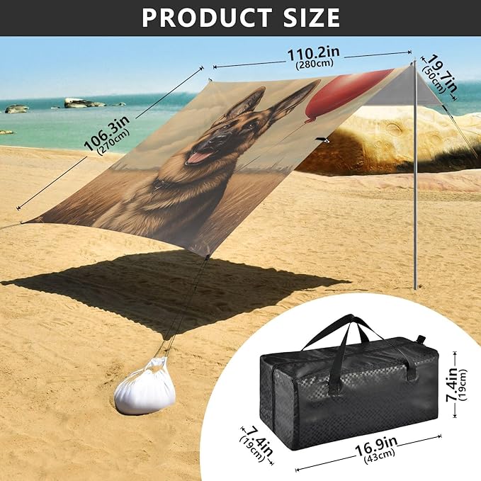 ALAZA German Shepherd Dog with Balloon Beach Tent Sun Shelter Portable Canopy Sunshade for Outdoor Camping Picnics Backyard Fun 10x9 ft