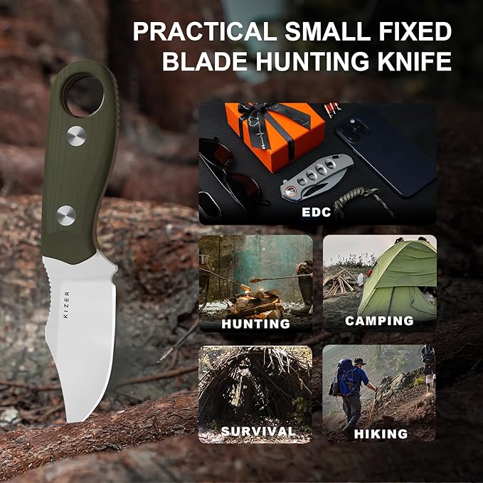 Kizer Beaver 2 Fixed Blade Knife 2.75 AEB-L Clip Point Blade Small EDC Hunting Knife with Olive Green &amp Orange G10 Handle Neck Knives with Sheath for Hunting Camping Survival Fishing 1078M4