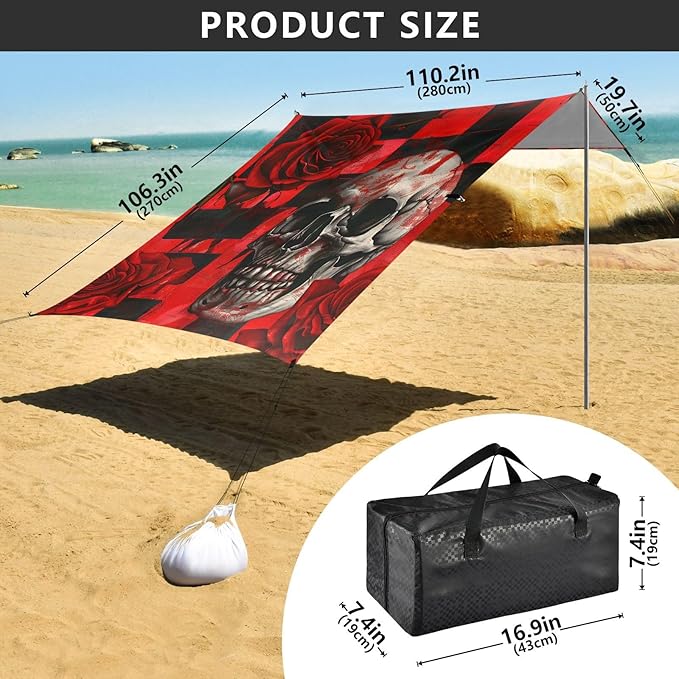 ALAZA Skull Red Rose Flower Beach Tent Sun Shelter UPF50+ Protection Beach Shade Canopy w/ 4 Sandbags for Outdoor Camping Fishing Backyard Fun Picnic 10x9 ft