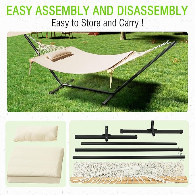 MUPATER 12FT Double Hammock with Stand Included 2 Person Outdoor Quilted Hammock with Stand Rope with Pad and Pillow hamacas para adultos White