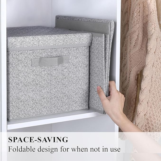 WUIKE Foldable Storage Bins with Lids Storage Boxes with Handles Closet Shelf Organizer Fabric Storage Baskets with Cover for Bedroom 3-Pack Ash Gray Extra Large