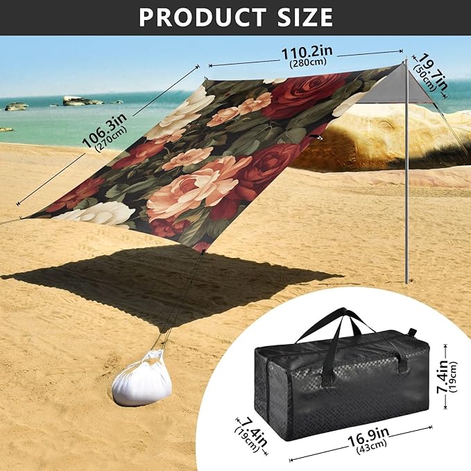 ALAZA Red Roses and Flower Beach Tent Sun Shelter Portable Canopy Sunshade for Outdoor Camping Picnics Backyard Fun 10x9 ft