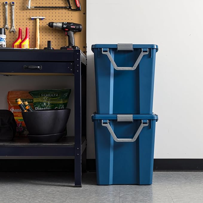 IRIS USA WeatherPro 103 Qt Eco-Friendly Storage Bins with Lids 2 Pack BPA-Free Plastic Gasket Box with Tight Latch and Seal Stackable Nestable Tote Tub - Navy