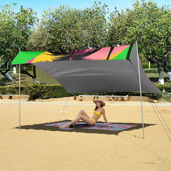 xigua Palm Tree Beach Tent Sun Shelter with Carrying Bag - Silver Coated Oxford Fabric Beach Canopy for Beach Camping Fishing - Includes Windproof Ropes Sandbags &amp Stakes