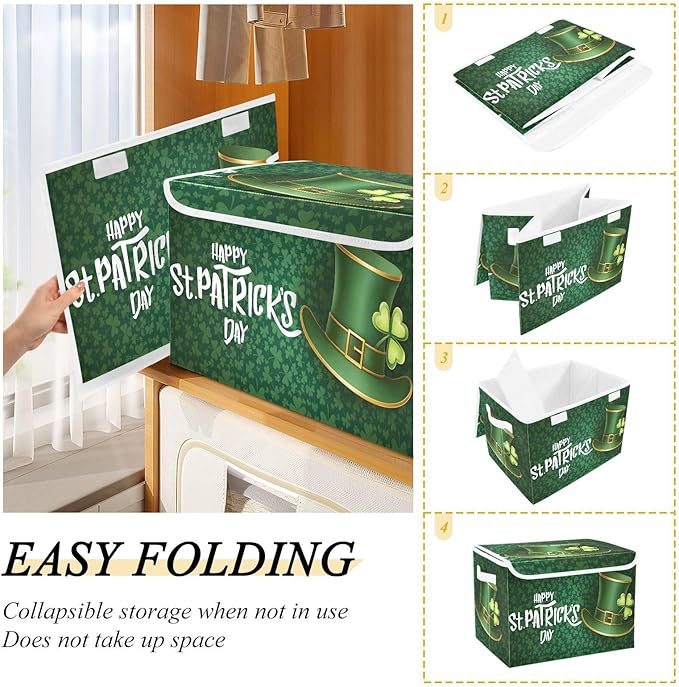 senya St. Patrick's Day Storage Baskets Collapsible Storage Bins with Lids Saint Patrick's Day and Green Hat on Shamrock Storage Boxes Clothes Baskets for Organizing
