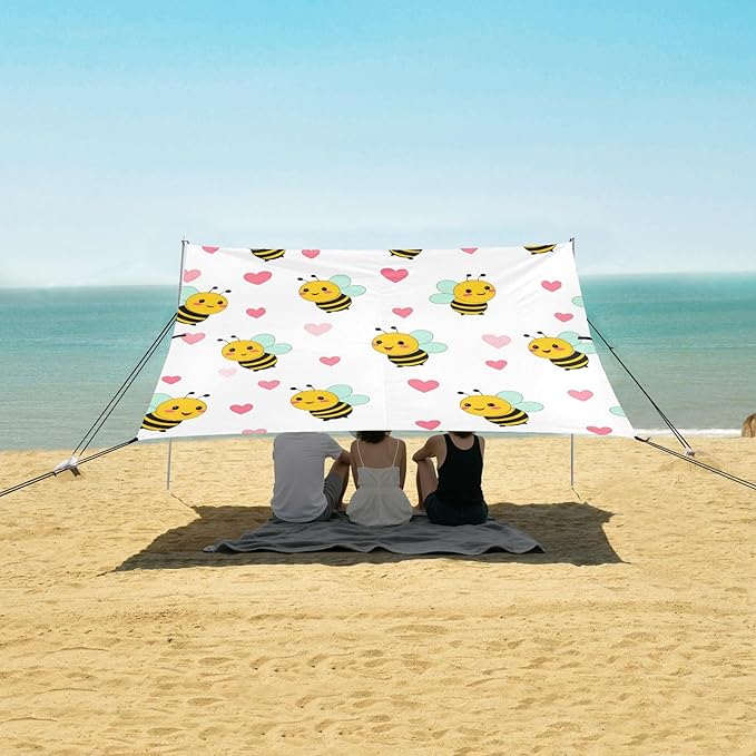 xigua Bees Beach Tent Sun Shelter with Carrying Bag - Silver Coated Oxford Fabric Beach Canopy for Beach Camping Fishing - Includes Windproof Ropes Sandbags &amp Stakes