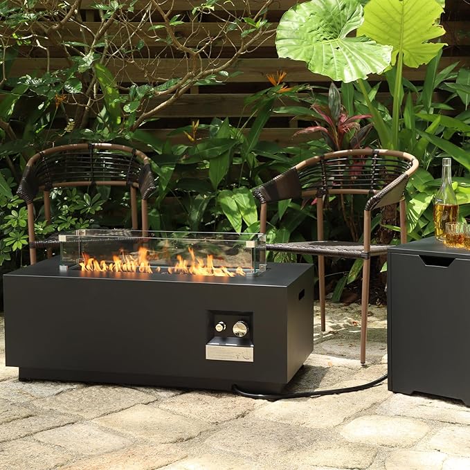 42'' Outdoor Propane Fire Pit Table 50000 BTU Rectanle Natural Gas Fire Pits with Tank Cover Wind Guard No Assembly Low Profile Fire Table for Outside Patio &amp Backyard Black