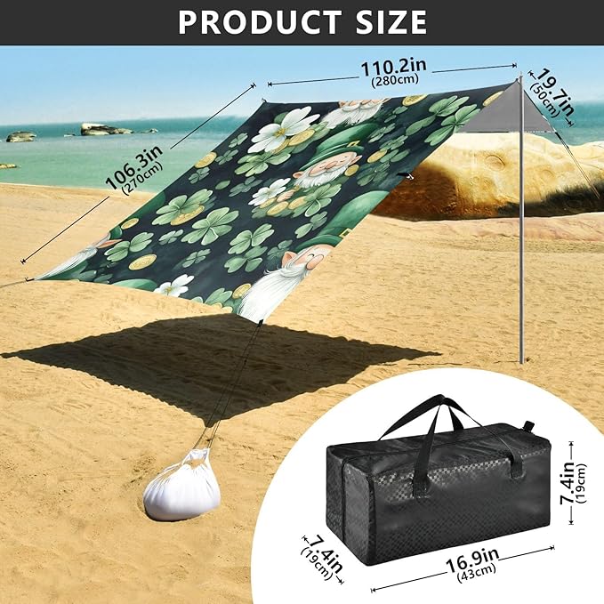 xigua St. Patrick's Day Beach Tent Sun Shelter with Carrying Bag - Silver Coated Oxford Fabric Beach Canopy for Beach Camping Fishing - Includes Windproof Ropes Sandbags &amp Stakes