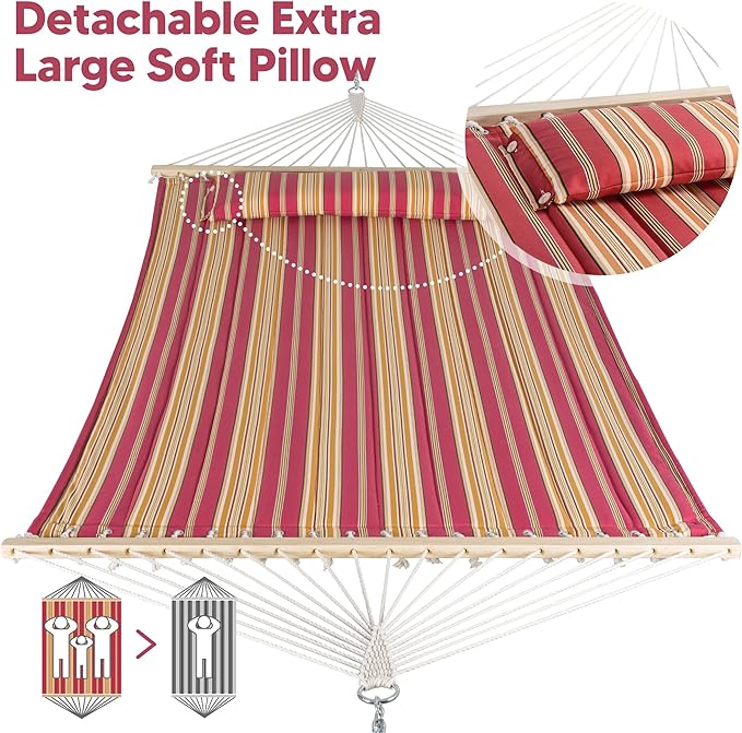 SUNCREAT Double Hammock Quilted Fabric Swing with Spreader Bar Detachable Pillow 55” x79” Large Hammock Red Stripes