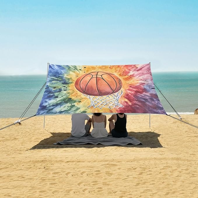 ALAZA Basketball Tie Dye Beach Tent Sun Shelter UPF50+ Protection Beach Shade Canopy w/ 4 Sandbags for Outdoor Camping Fishing Backyard Fun Picnic 10x9 ft
