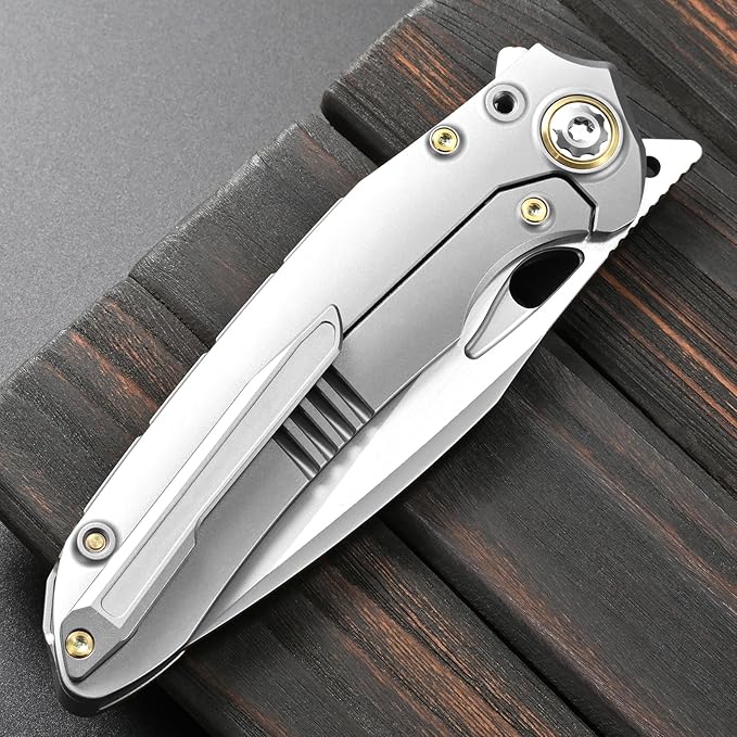 Sitivien ST888 Folding Knife M390 Steel Blade Titanium and Timascus Inlaid Handle Knife with Safety Lock Frame Lock for Outdoor Camping Hiking Survival