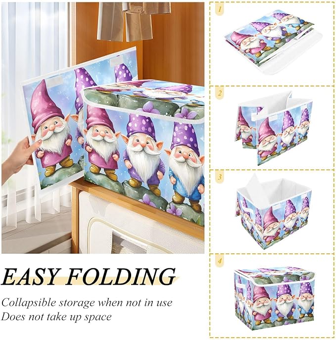 Cartoon Gnomes Storage Cube Bins Basket with Lid Collapsible Flip-top Fabric with Handle for Home Bedroom Closet Office 16.5×12.6×11.8 in