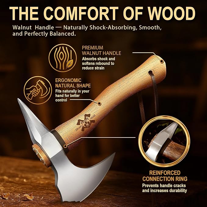 Grumpy Bear 11 Survival Axe Camping Hatchet – Forged High Carbon Steel Blade with Walnut Wood Handle – Shock-Absorbing Anti-Slip Grip – Ideal for Bushcraft Wood Splitting &amp Outdoor Adventures