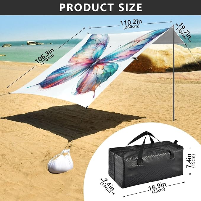 ALAZA Butterfly Watercolor Beach Tent Sun Shelter UPF50+ Protection Beach Shade Canopy w/ 4 Sandbags for Outdoor Camping Fishing Backyard Fun Picnic 10x9 ft